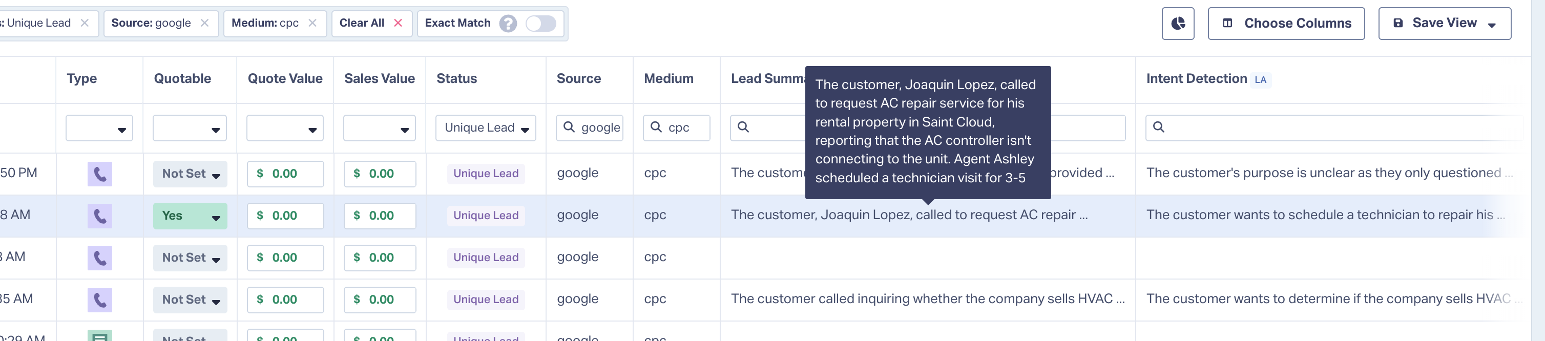 AI call analysis dashboard — lead scoring and transcripts